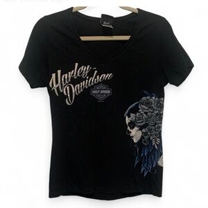 Harley Davison Skull Roses Graphic Black Short Sleeve Tee Shirt